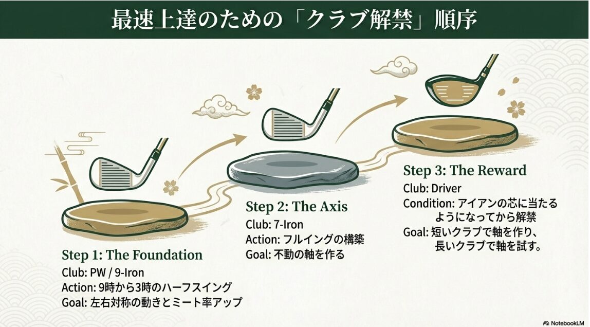 最速上達のためのクラブ練習順序（PWからドライバーへのステップ）
