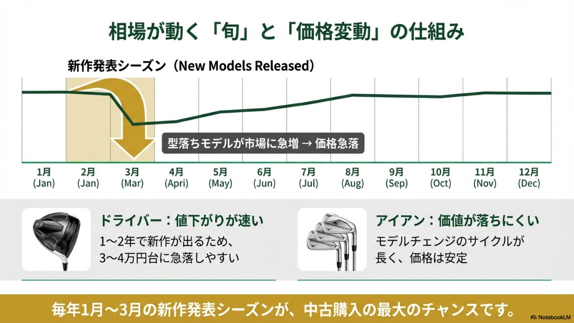年間を通じた中古ゴルフクラブの価格変動と新作発売による値下がりの仕組み