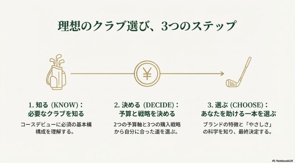 ゴルフクラブ選びの3つのステップ（知る・決める・選ぶ）の解説図解