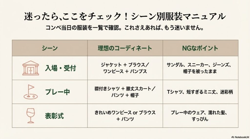 入場から表彰式までゴルフコンペ一日の服装シーンの流れ