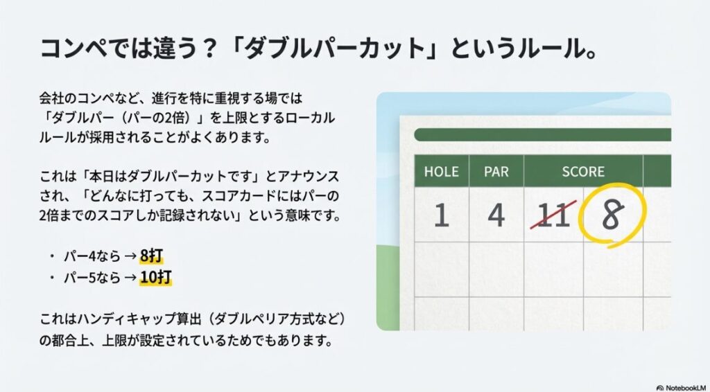 コンペで採用されるダブルパー（規定打数の2倍）カットのスコアカード記入例
