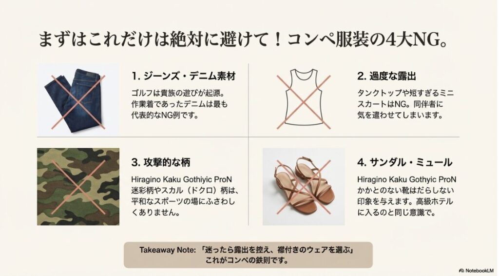 ゴルフコンペで避けるべきデニムや露出の多い服などのNG例