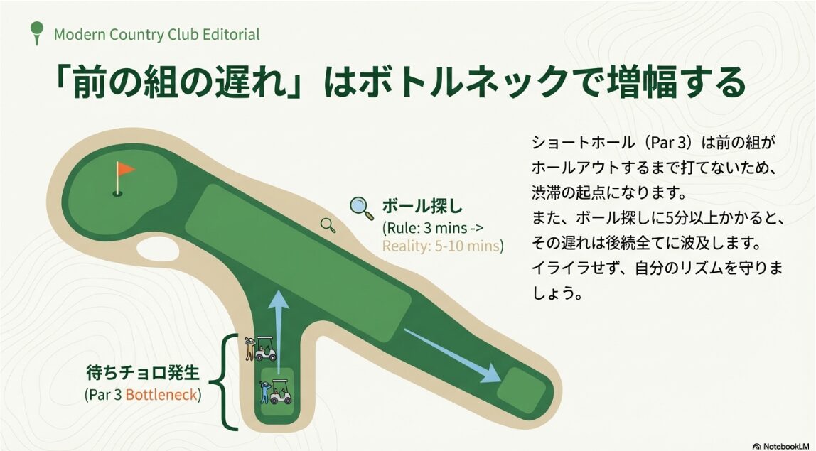 ショートホールでの渋滞やボール探しのルール超過が後続に波及するボトルネックの図解