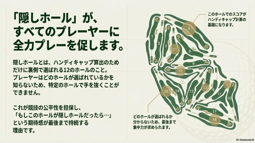 メーゴルフコース内でランダムに選ばれる12の隠しホールの視覚的なイジ図