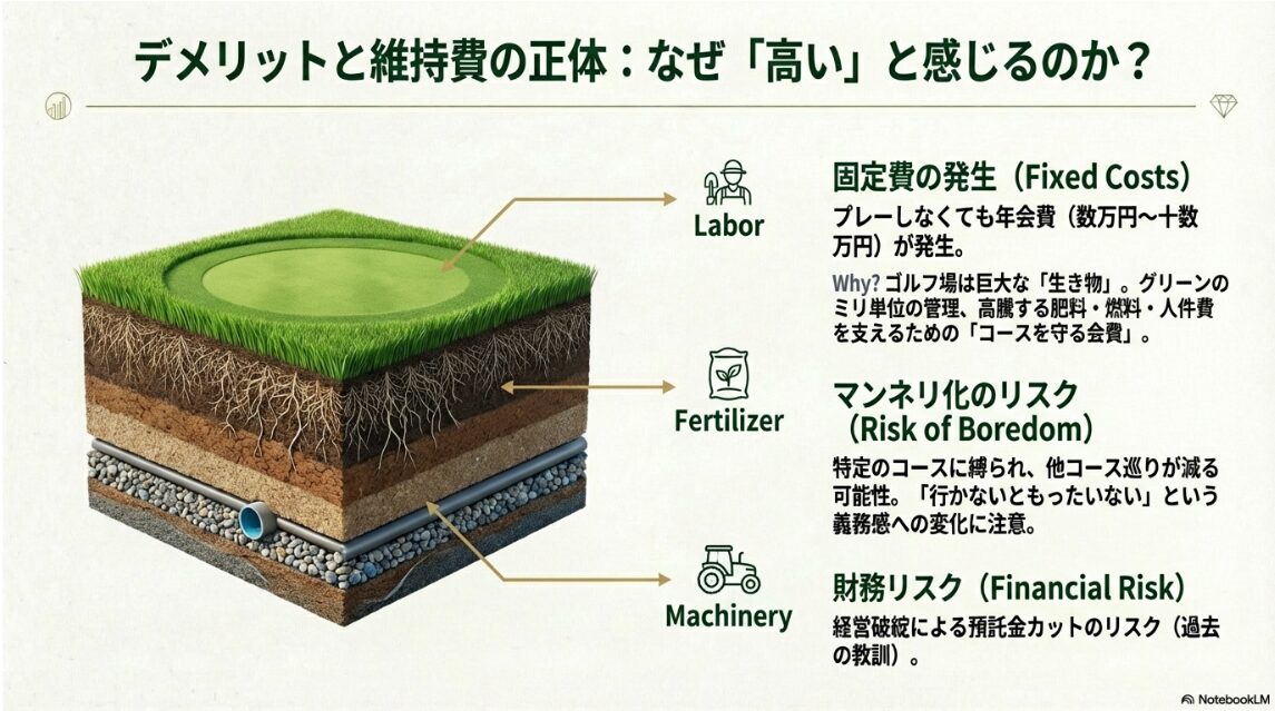 芝の管理（人件費、肥料、機械）にかかるコスト構造を示したグリーンの断面断面図のスライド