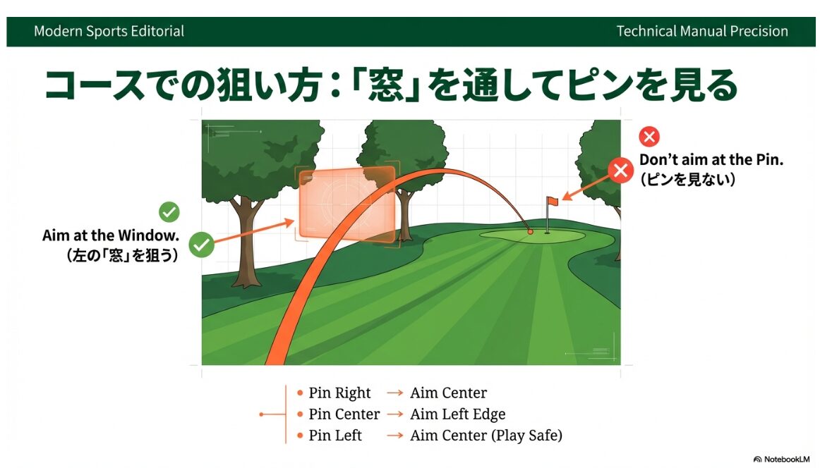 コース攻略。ターゲットの左に窓を設定してピンに戻すイメージ図解
