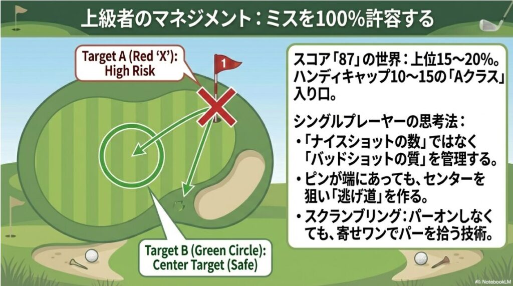ピンを直接狙うハイリスクな攻めと、グリーンセンターを狙う安全なマネジメントの比較図