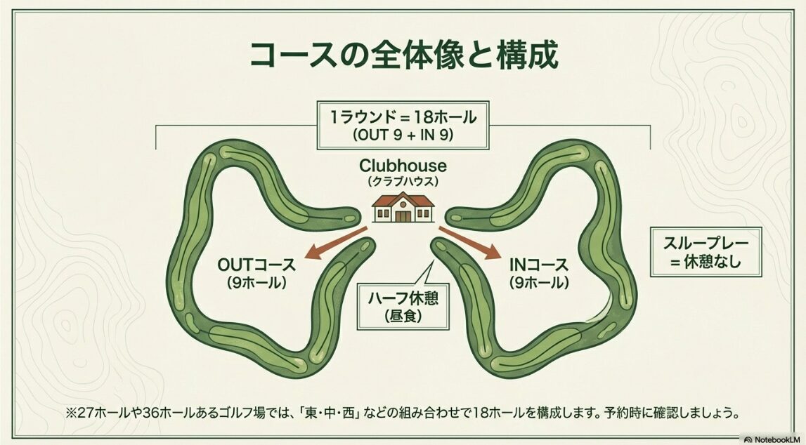 ゴルフ場のコース構造：OUTコースとINコース、クラブハウスの配置図解