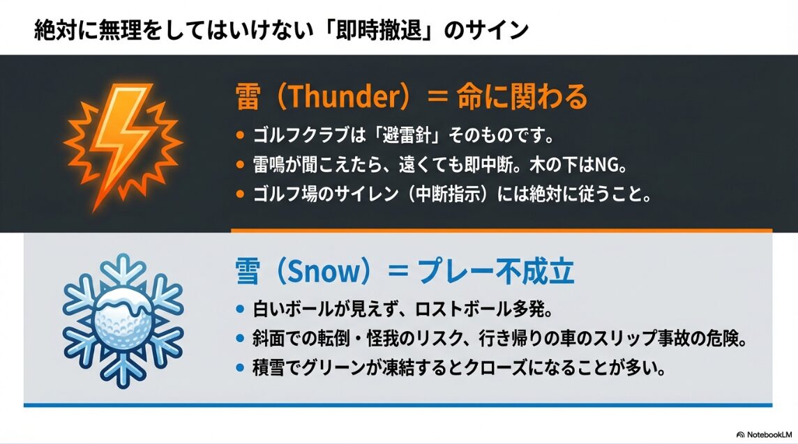 ゴルフ場での落雷と積雪の危険サインと即時中断の基準