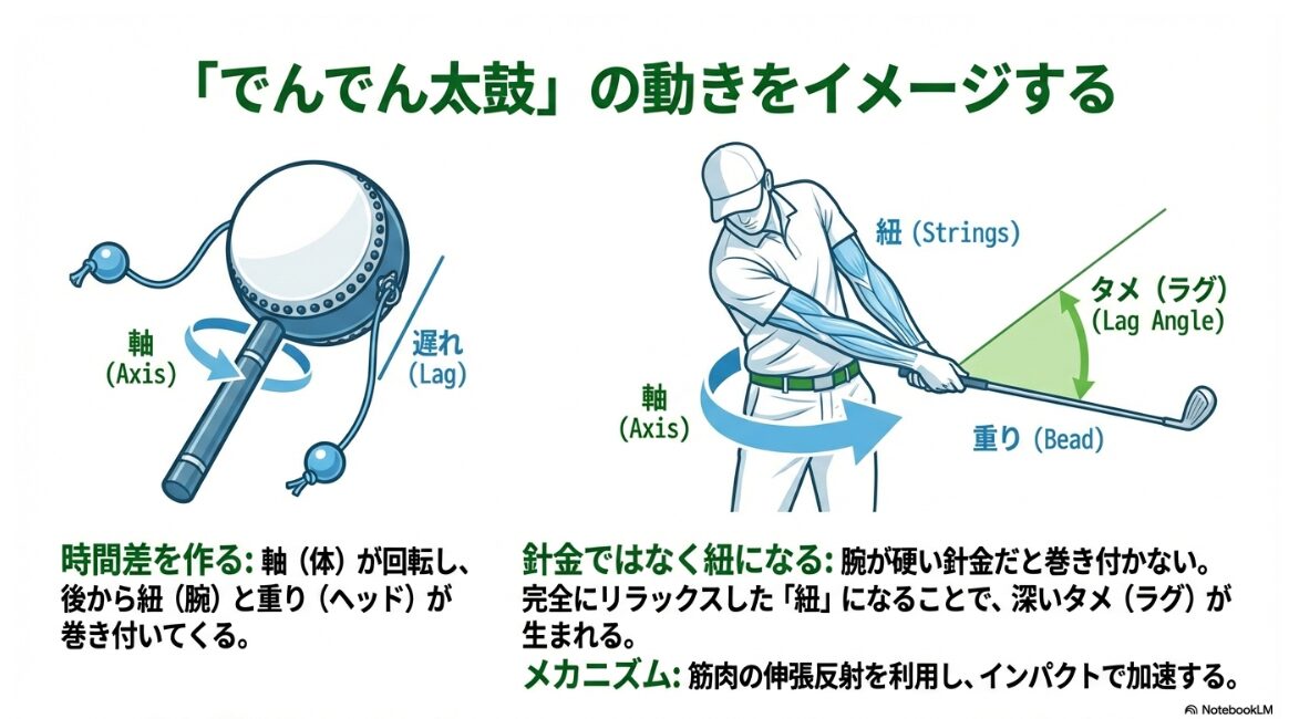 でんでん太鼓の動きをイメージしたゴルフスイングの深いタメと脱力の図解