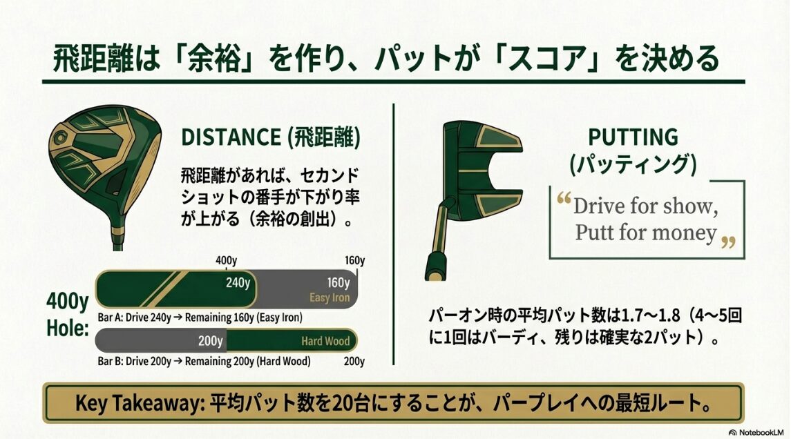 ゴルフの飛距離とパット数がスコアに与える影響の相関図