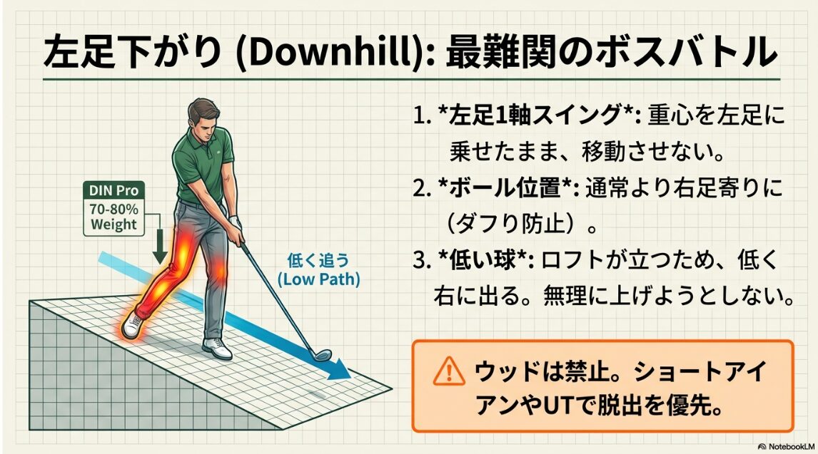 左足下がりの最難関ライで左足1軸スイングをキープし低く長く振り抜く打ち方のイラスト
