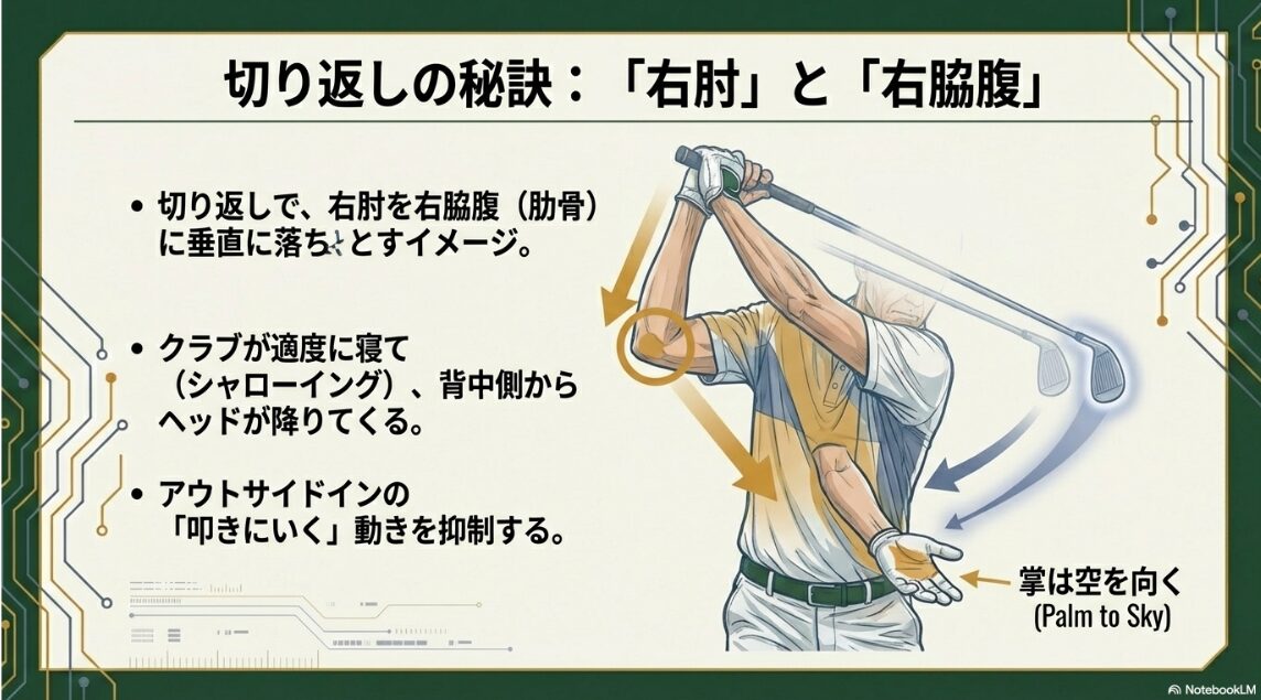 ダウンスイングで右肘を脇腹に引き込みインサイドから下ろすシャローイング図解
