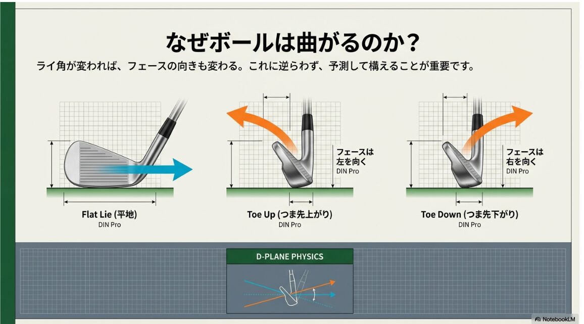 ゴルフの傾斜地でライ角が変化することによりフェースの向きが左右に変わるDプレーン理論の物理図解