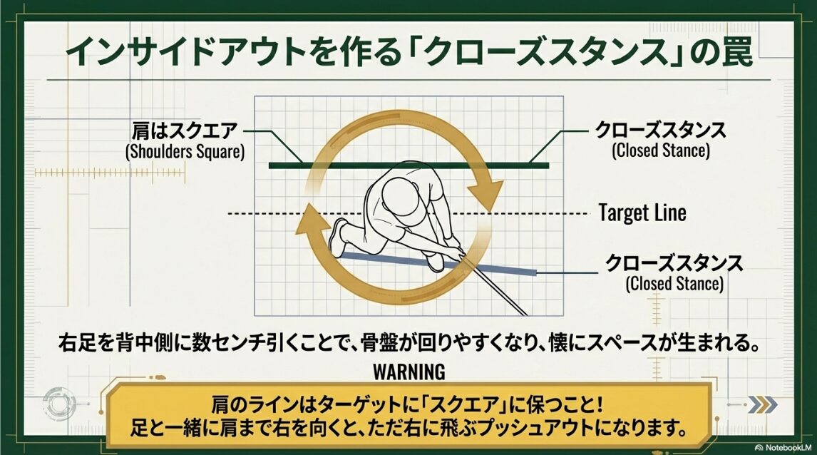 ドローを打つためのクローズスタンスとスクエアな肩のラインの構え方
