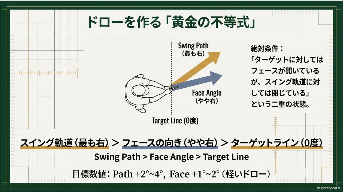 ドローボールを打つためのスイング軌道とフェース角の理想的な数値関係