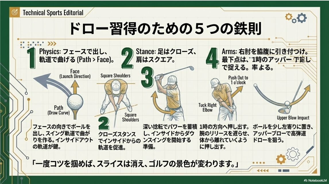 ゴルフのドローボール習得に必要な5つの物理的・動作的鉄則のチェックリスト