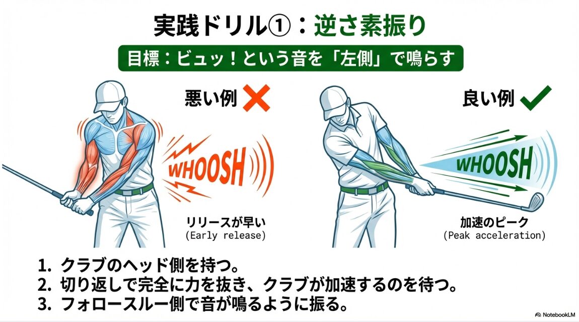 クラブを逆さに持ってスイングしフォロースルー側で風切り音を鳴らすドリルの解説