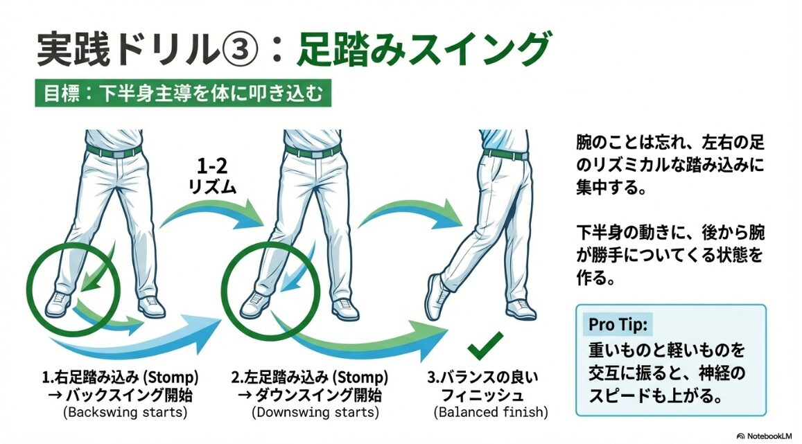 右足・左足の足踏みのリズムで下半身主導のスイングを習得する練習法