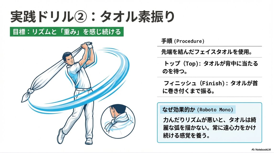 フェイスタオルを使ってスイングのリズムと脱力を身につけるドリルの手順図解