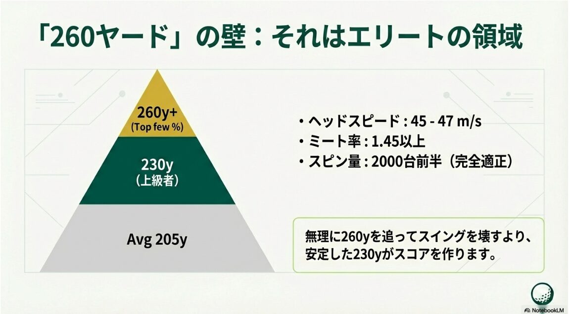 ドライバー飛距離260ヤード超えのエリート層に必要なヘッドスピード、ミート率、スピン量の条件リスト