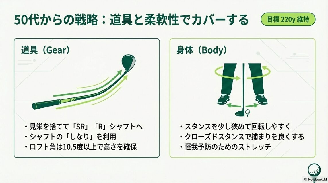 50代男性に向けたドライバーの道具戦略。シャフトのしなりとロフト角の選び方