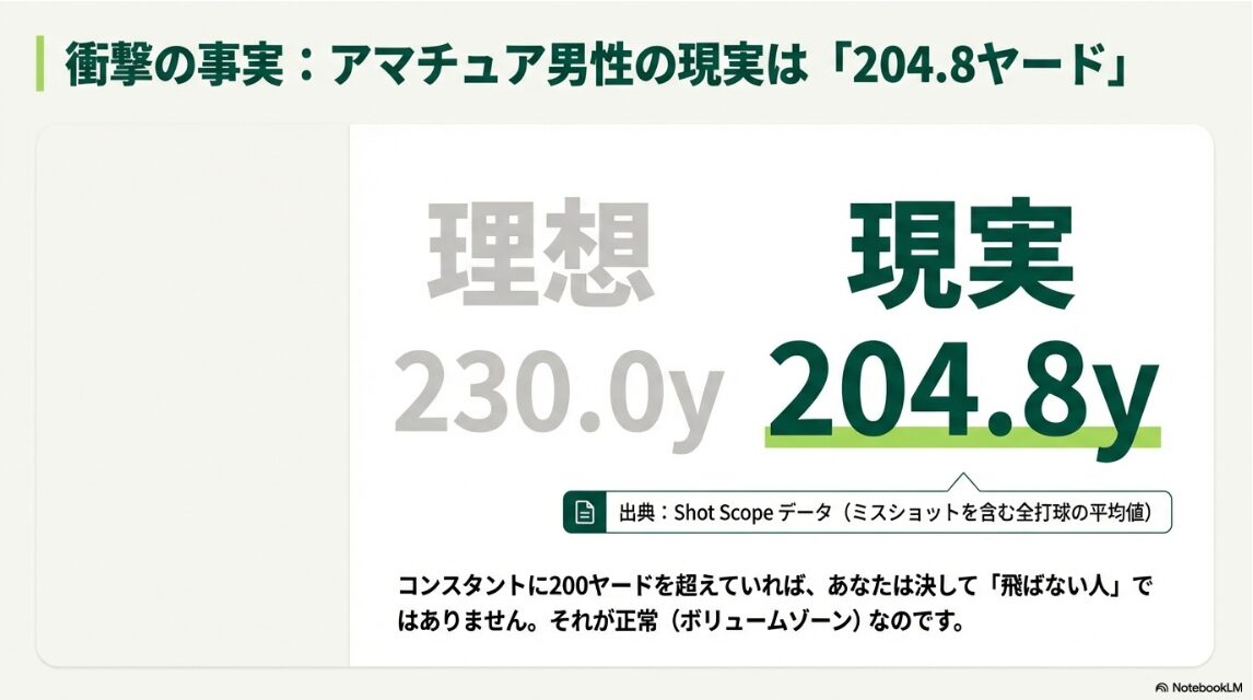 アマチュア男性のドライバー飛距離の理想230ヤードと現実204.8ヤードを比較したデータ図