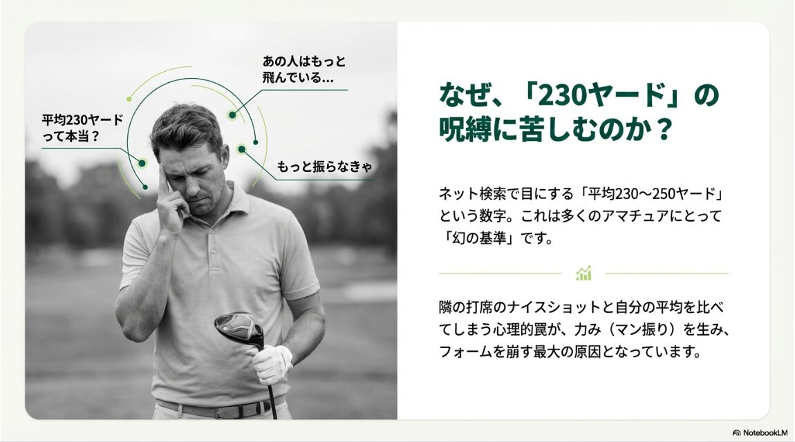 平均230ヤードという数字の呪縛に悩むアマチュアゴルファーの心理的イメージ