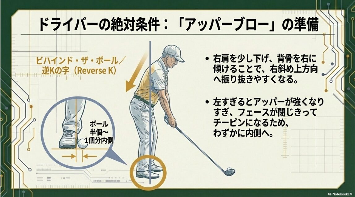 ドライバーでドローを打つための逆Kの字アドレスとボール位置の調整