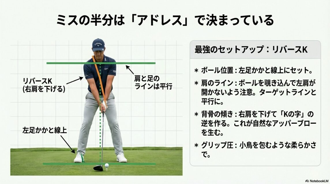 ドライバーショットで直進性を高めるリバースKのアドレスとボール位置の解説