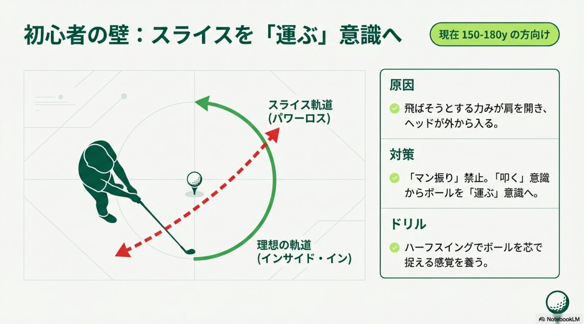 スライスの原因となるアウトサイドイン軌道と理想のインサイドイン軌道を比較したスイング図解