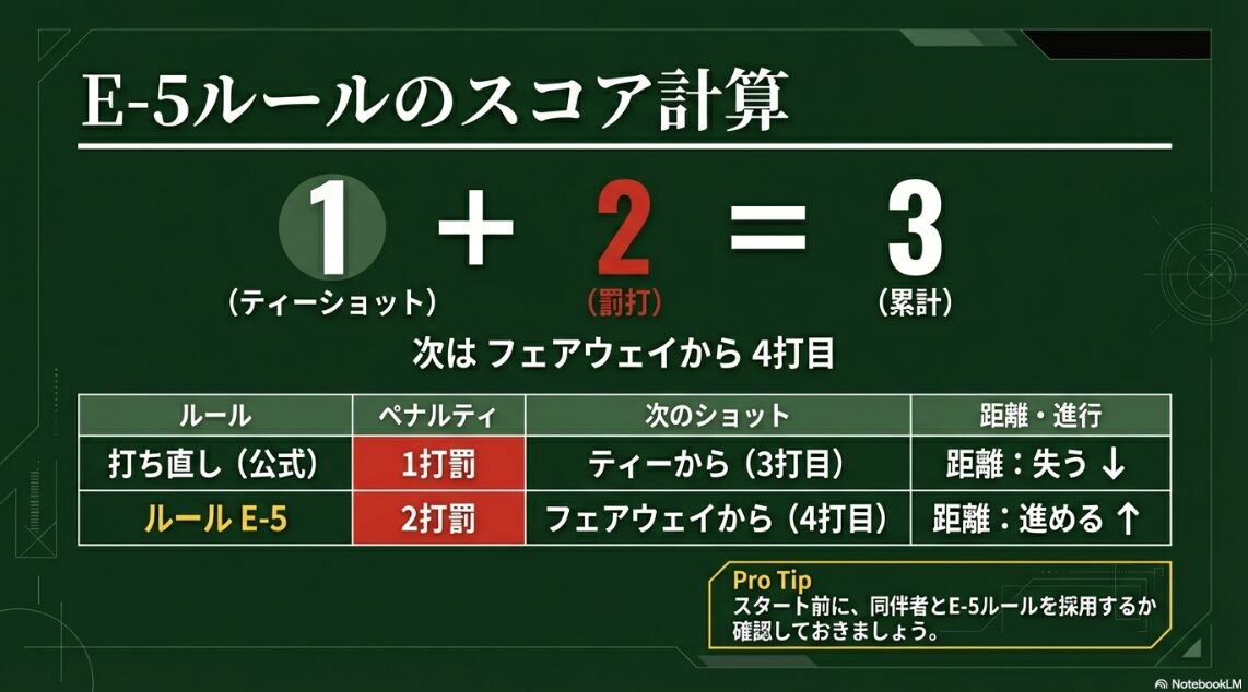 E-5ルールのスコア計算比較 公式ルールとモデルローカルルールE-5のペナルティおよび打数の比較表