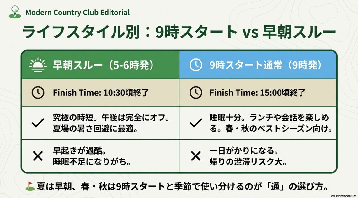 早朝スルーと9時スタート通常プレーの終了時間や季節ごとの使い分けをまとめた比較表