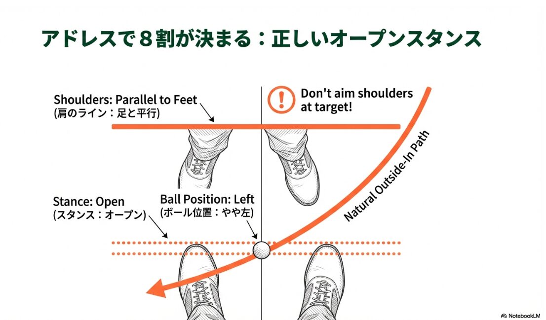 フェードのためのオープンスタンスと足・肩のライン。ボール位置の図解