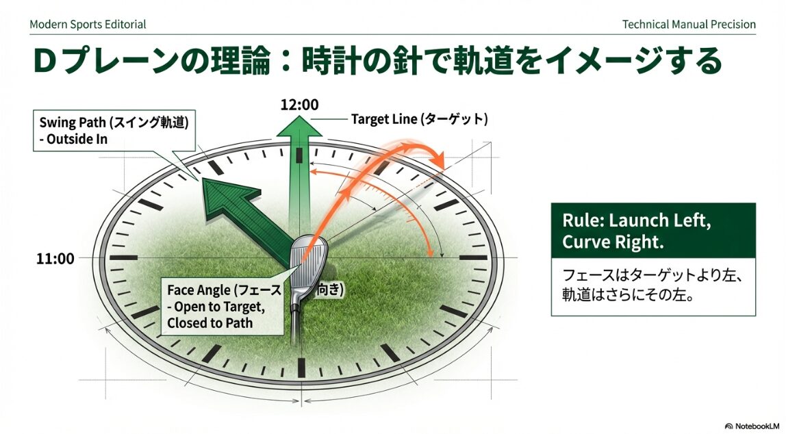 Dプレーン理論に基づいた時計の文字盤イメージ。11時方向に打ち出すフェードの軌道
