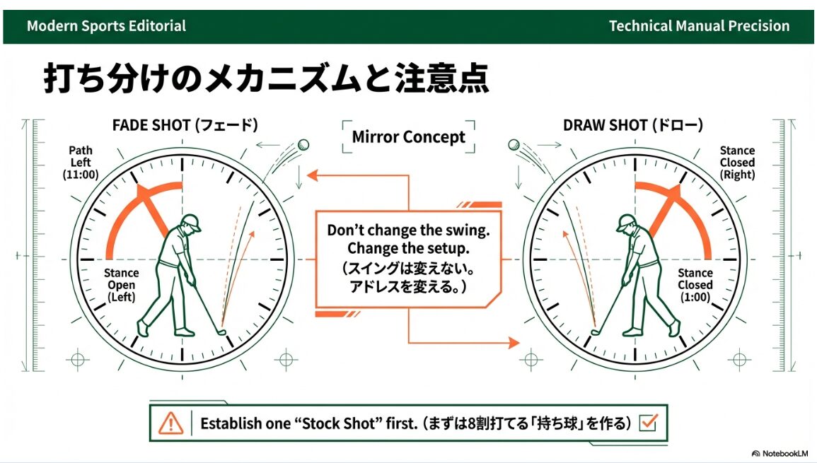 フェードとドローのセットアップの違い。スイングは変えずアドレスを変えるミラーコンセプト