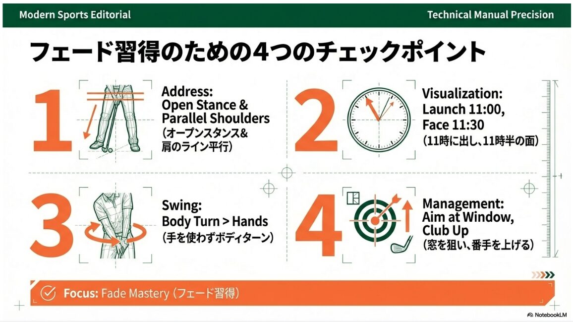 フェード習得のための4つのチェックポイントまとめ図。アドレス・視覚化・スイング・管理