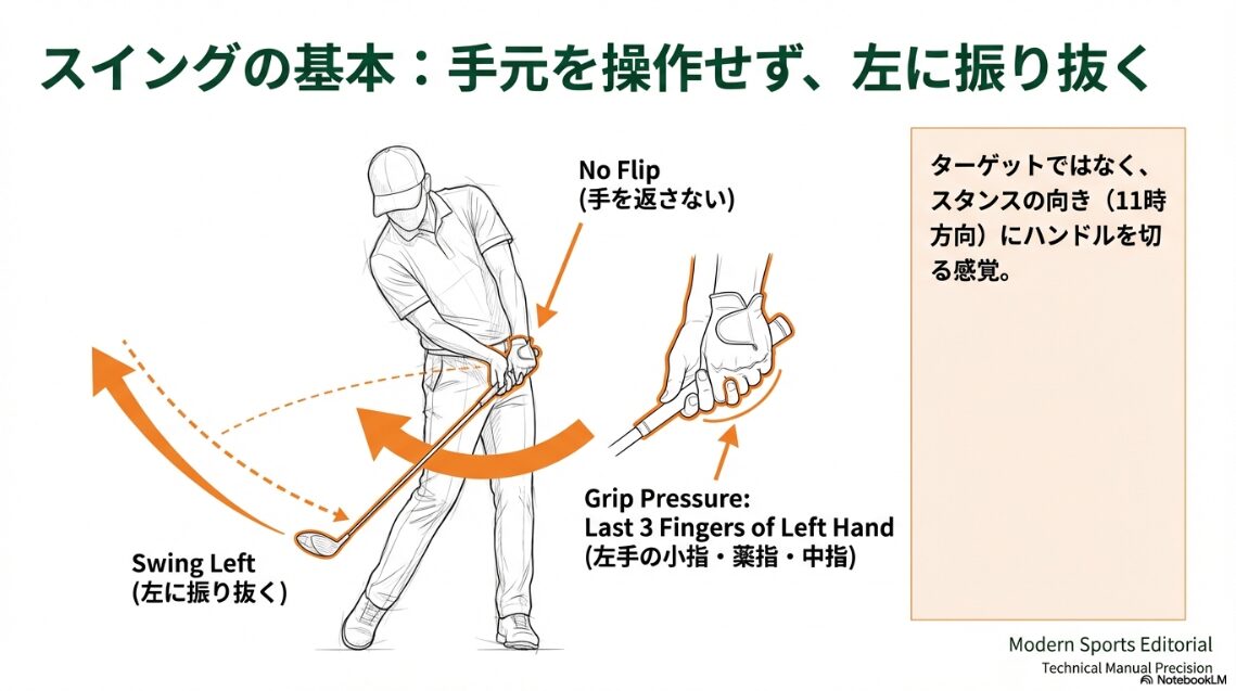 フェードの基本スイング。左方向への振り抜きとグリッププレッシャーの解説