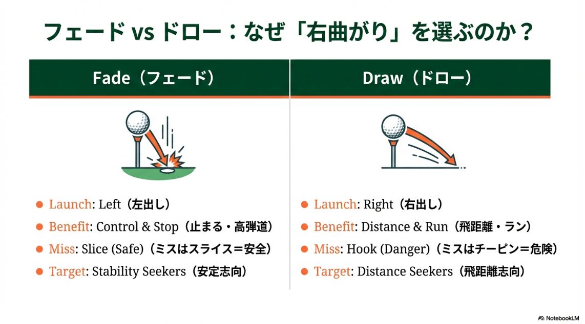 フェードとドローのメリット比較表。安定性やミスの許容範囲を解説