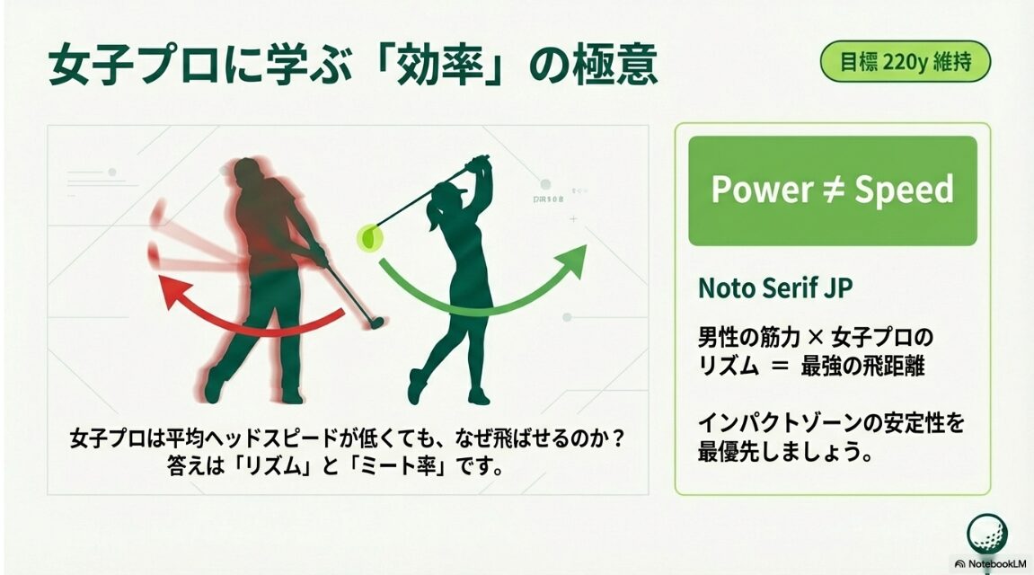 女子プロのスイングから学ぶリズムとミート率の極意。筋力に頼らない効率的な飛ばし方