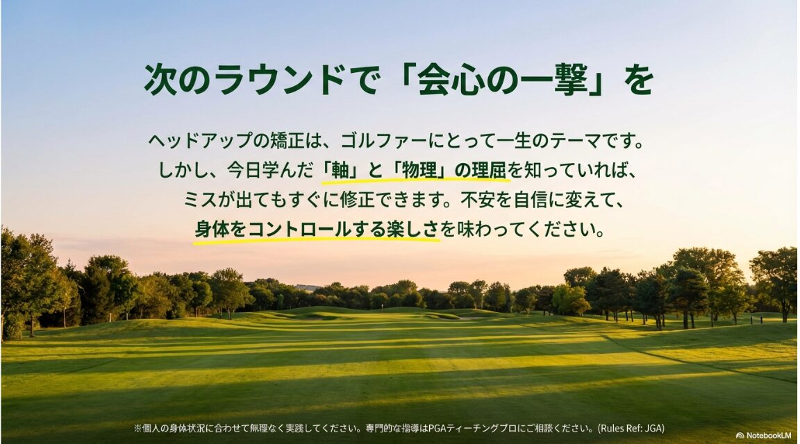 自信を持って振り抜くための一歩 ゴルフ場を背景に掲げた、ヘッドアップ克服と会心の一撃へのエール
