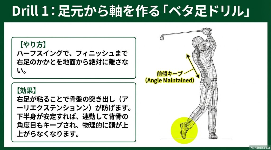 足元から軸を作るベタ足ドリルの効果 ベタ足ドリルによる右足の粘りとスイング軸の安定化を示すイラスト