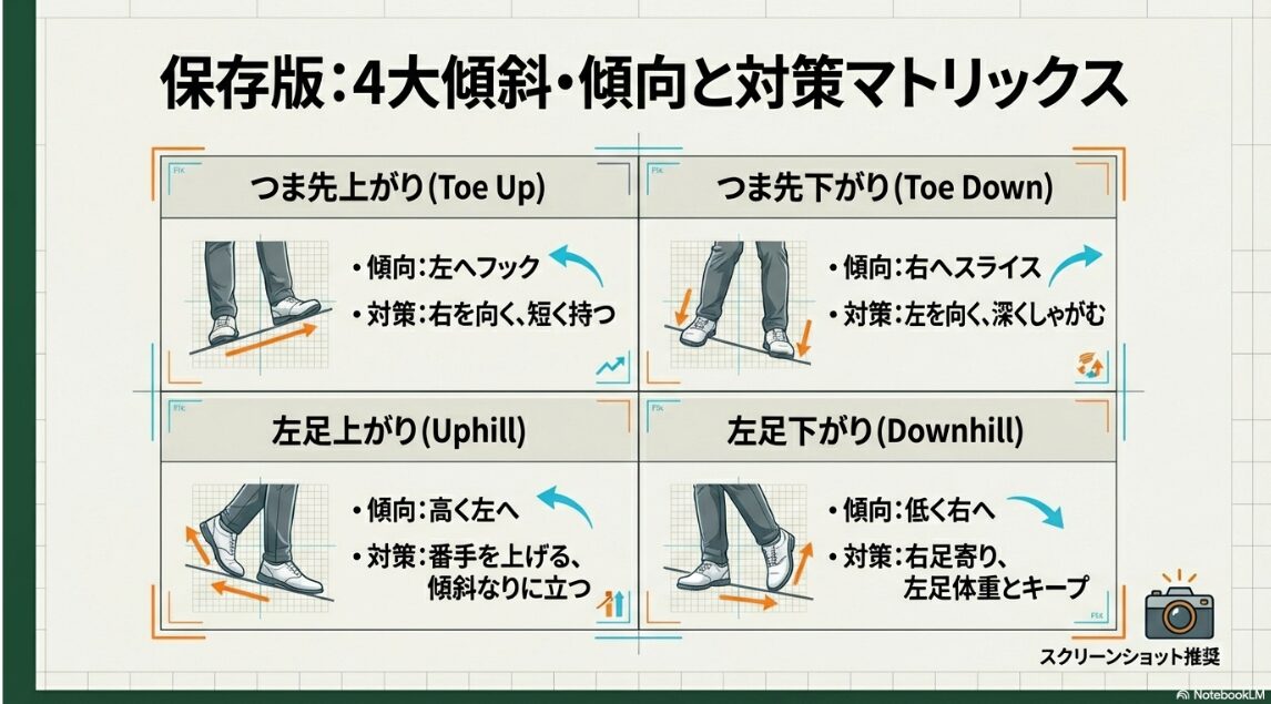 ゴルフの4大傾斜における傾向と対策をまとめたマトリックス表の画像