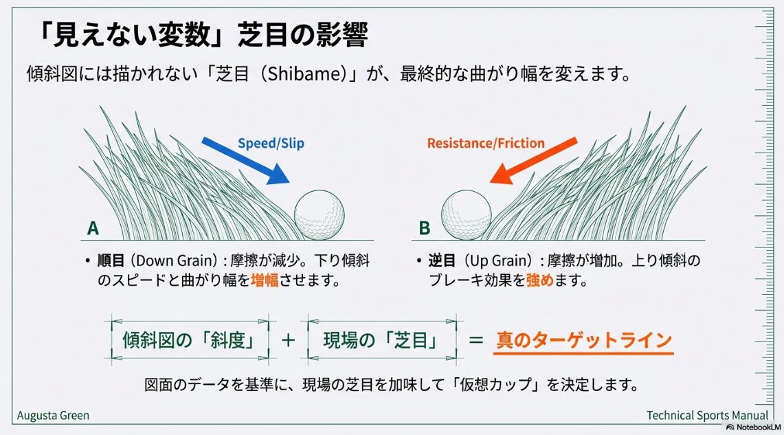 グリーンの芝目の順目と逆目がボールの転がりに与える影響の図解