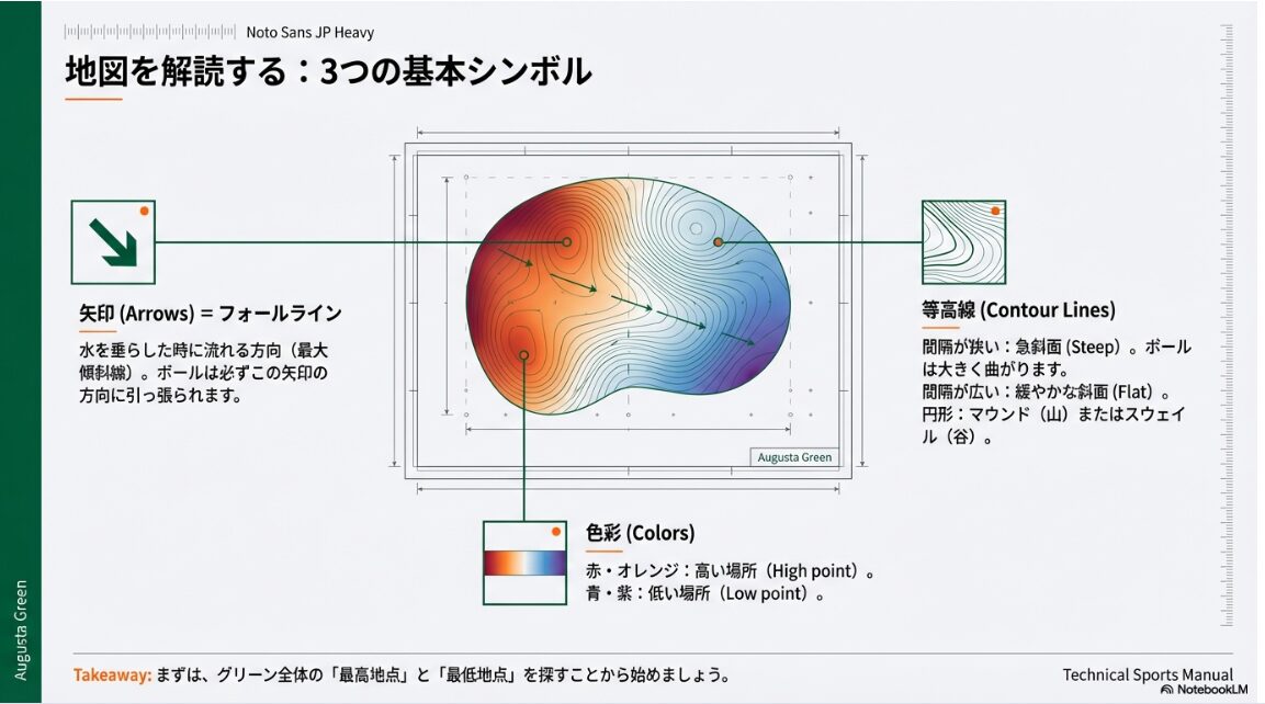 グリーンマップの矢印、等高線、色彩の意味を解説した図