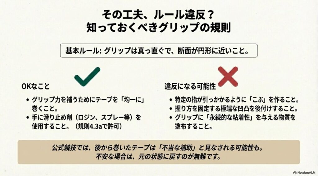 ゴルフ規則におけるグリップのテープ装着や滑り止め剤の使用に関する可否