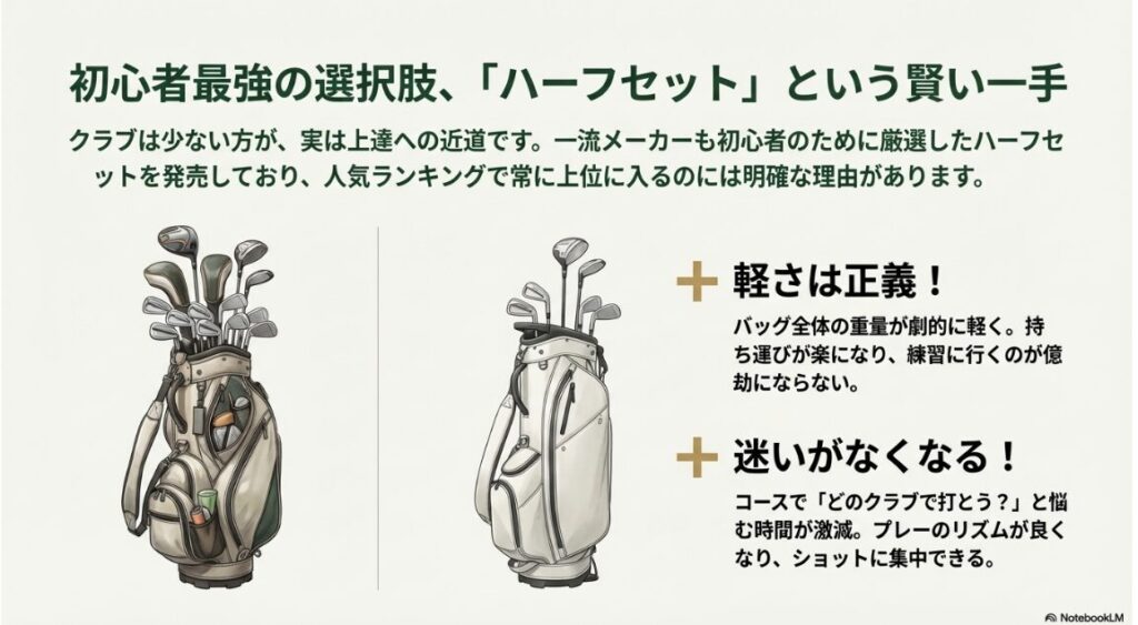 ハーフセットのメリット（軽量・判断の簡素化）を説明するイラスト