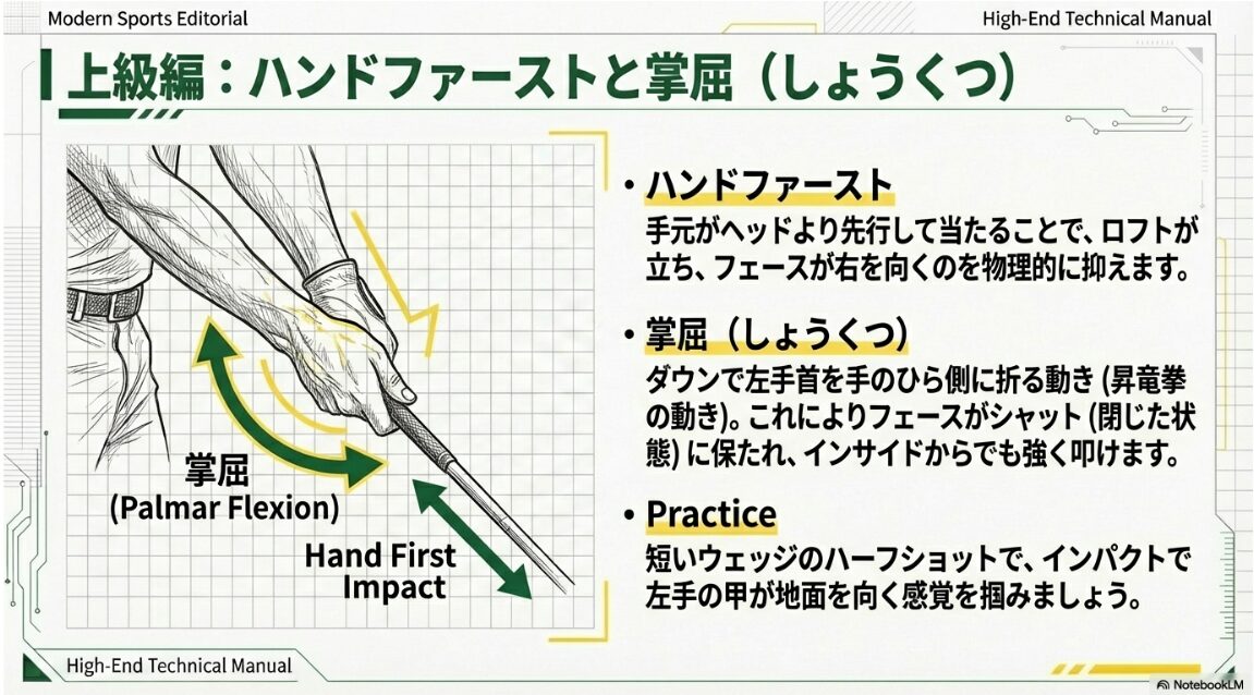 左手首を掌屈させハンドファーストで捉えるインパクトの瞬間の図解