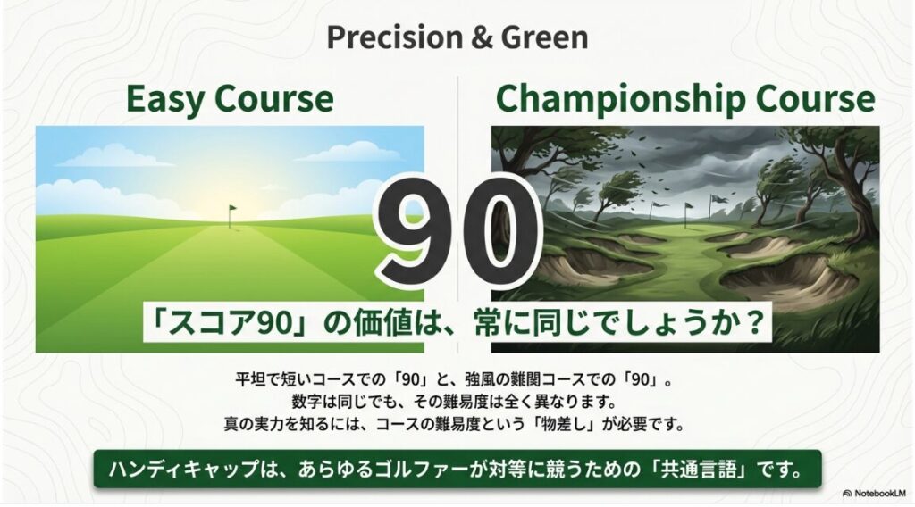 平坦なコースと難関コースでのスコア90の価値と難易度の違いを示す比較図