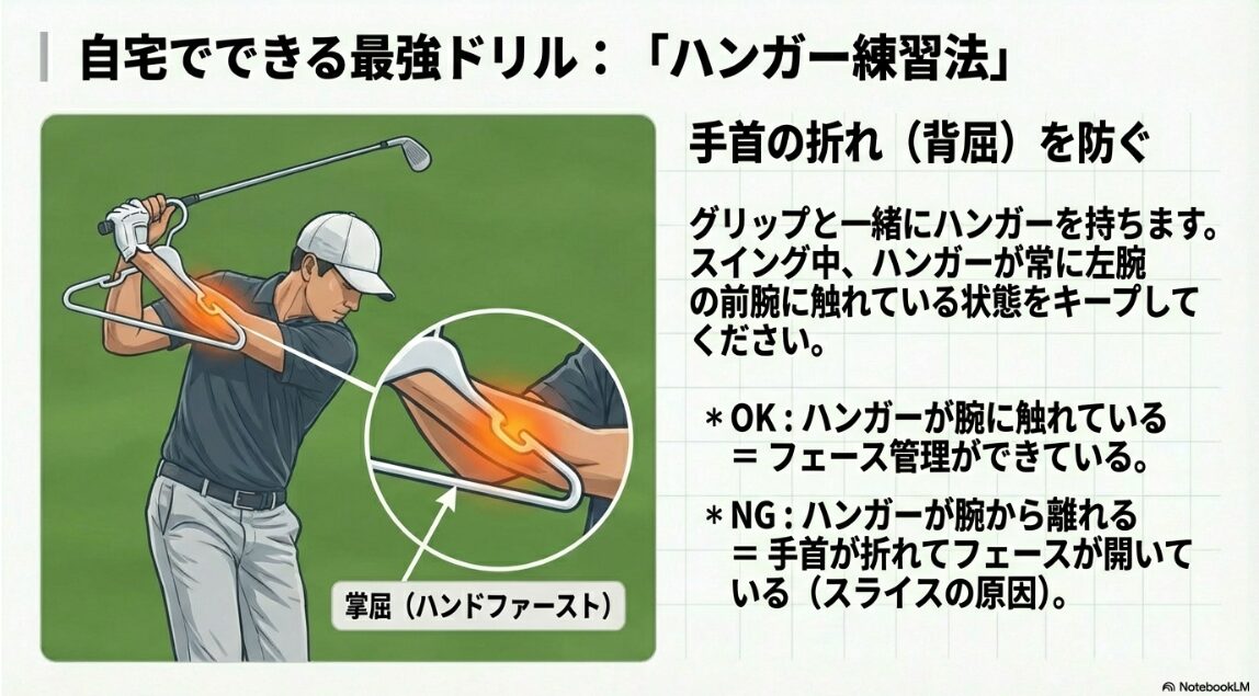 自宅でできるハンガーを使った左手首の掌屈とフェース管理のトレーニング方法